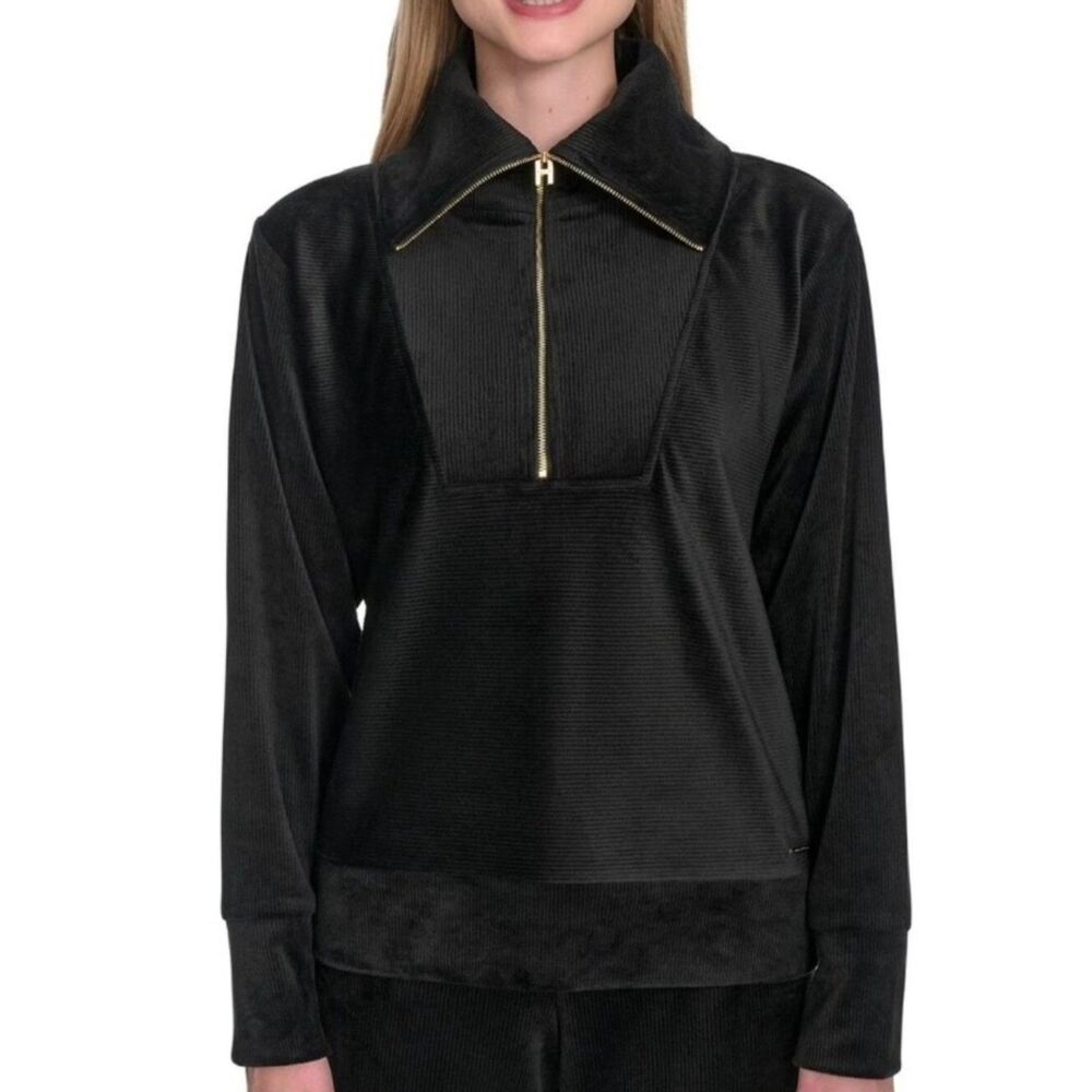 Halston Heritage Black Velour Half-Zip Pullover with Gold Logo Plaque | SZ